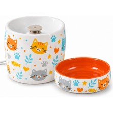 Odea Tr Kedi Porselen Su Pınarı ve Mama Kabı 2'li Set Otomatik Filtreli Pompalı Seramik Su Sebili, 1.3 L, 600 ml Kase, LED Işıklı, Turuncu-Kedi