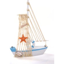 Odea Tr Mukko Home Marin Tekne Deniz Kabuklarıyla Süslenmiş Ahşap Yelkenli Biblo Ofis Dekorasyon Tekne 22,5cm x 15CM,MAVI Yildiz,22 x 15