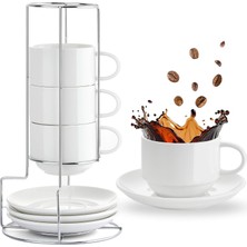 Odea Tr 8oz Porselen Espresso Bardakları Tabaklar ve Metal Standlı, Küçük Cappuccino Kahve Fincanları 4'lü Set, Özel Kahve Içecekleri, Cappuccino, Latte, Americano ve Çay Için Istiflenebilir Demitasse