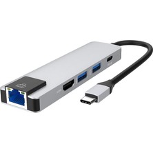 Tr 5 Port USB Hub 3.0 Type C Ethernet/hdmı Dönüştürücü Çoklayıcı Çoğaltıcı (Gümüş)