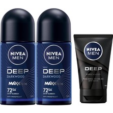 Odea Tr Men Deep Dimension Yüz ve Sakal Temizleme Jeli, 100 Ml, Aktif Karbon Içeriği ile Cildi Arındırır + Nıvea Men Erkek Roll On Deodorant Deep Dimension 72 Saat Anti-Perspirant Koruma (50 Ml) X2