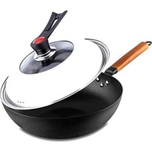 Odea Tr Dökme Demir Wok Pan 32CM Gaz Indüksiyonu Için Cam Kapaklı Kaplama Tava Yok