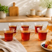 Odea Tr 6'li Borosilikat Cam Kupa Seti, Kulplu Şeffaf Çay Kahve ve Bitki Çayı Bardağı, Sıcak Soğuk Içecekler Için Hafif Cam Fincan Seti
