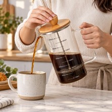Odea Tr Bambu Kapaklı French Press, 1000 ml Ölçülü Borosilikat Cam Filtre Kahve ve Bitki Çayı Demliği, Cam Kulplu