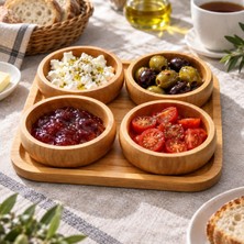 Odea Tr Bambu 4'lü Kahvaltılık Çerezlik ve Sosluk Seti, Tepsili Ahşap Sunum Kasesi, 4 Kase ve 1 Servis Tepsisi