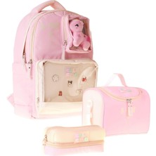 Odea Tr K-Pop Pink Pembe Peluş Aksesuarlı Pembe Kız Çocuk Üçlü Ilkokul Okul Çantası Seti - SETCC-C4107A