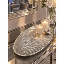 Odea Tr Oval Gümüş Dekoratif Tepsi, Dalgalı Dokulu Metal Sunum Tepsisi