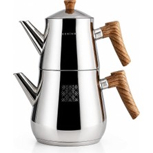 Odea Tr Premium Paslanmaz Çelik Çaydanlık Takımı, Ahşap Kaplama Saplı, 2.0l Alt Hazne, 1.1l Üst Demlik, Modern Tasarım