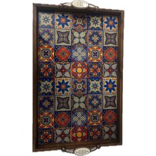 Odea Tr Geleneksel Kütahya Çini Desenli Ahşap Servis Tepsisi Kareli, El Yapımı Seramik Yüzey, 42X27 Cm, Dekoratif Sunum Tepsisi