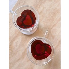 Odea Tr Cuore Kalp Şekilli Çift Cidarlı Cam Kupa 2'li Set – Isıya Dayanıklı Kulplu Çay ve Kahve Bardağı 180 Ml, Sevgiliye Hediye