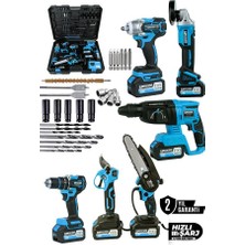 Odea Tr Kimmeer Plus 21V Li-Ion 6'li Akülü Kombo Set, Kırıcı Delici Hilti, 13MM Metal Mandren Vidalama, Devir Ayarlı Taşlama, Somun Sıkma, Şarjlı Testere ve Budama Makası – 3 Bataryalı Tam Takım