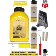 Odea Tr 500 ml Multi Surface Akrilik Boya, 2 Adet 140 ml Ekstra Parlak Vernik, Sarı, Mobilya Boyama Seti Tavalı