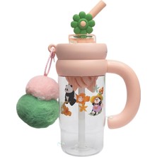 Odea Tr Cocosmile x Vagonlife 1000ML Tumbler Charm Serisi Parlak Şeffaf Gövdeli Pipetli/pipetsiz Kullanım Detokslu Büyük Kulplu Peluş Süslü Charmlı ve Silikon Pipet Süslü Tritan Su Matarası Suluğu - Pudra