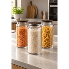 Odea Tr Nero Zone Bambu Kapaklı Cam Saklama Kabı 1300 ml 3'lü - Vakumlu Kiler Bakliyat Kavanoz Seti