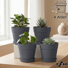 Odea Tr Tabaklı Delikli Plastik Çiçek Saksısı, 13 cm 1.1 Lt, 4 Adet, Antrasit