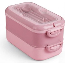 Odea Tr ® 2 Katlı Yemek Taşıma Kabı - Kaşık Çatal Setli Katı Gıda Için Çift Katlı Bento Beslenme Kutusu, Ofis Okul Piknik Kilitli Saklama Kabı (Pembe)