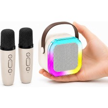 Odea Tr Mini Boy Kablosuz Mikrofonlu Karaoke Makinesi Taşınabilir Bluetooth Hoparlör Seti Bas Tiz Ayarlı Hoparlör Yetişkinler ve Çocuklar Için Hafıza Kartı ve USB 10X10X6CM (Çiftli K12 - Krem)