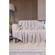 Odea Tr Pamuklu Zikzak Desenli Püsküllü Koltuk Örtüsü, 170X210 Cm, Geometrik Desen, Minimalist Stil, Yıkanabilir (Bej)