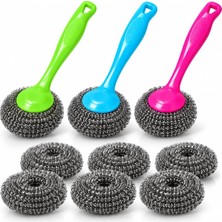 Odea Tr ® 3'lü Saplı Bulaşık Teli Seti, Metal Temizlik Topu ve Değiştirilebilir Yedek Tel Başlık, Renkli Plastik Saplı Tencere Tava Ocak Lavabo Temizleme Teli