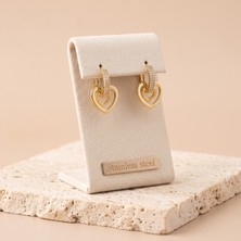 Stainless Steel Vıp Seri 316L Çelik Gold Renk Zirkon Taşlı Iç Içe Çift Kalp Sallantılı Küpe 2 cm