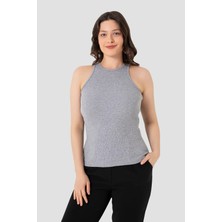 Armoris Kadın Pamuklu Fitilli Görünümlü Halter Yaka Basic Gri Atlet Rahat Bluz Casual Giyim Gardırop Parçası