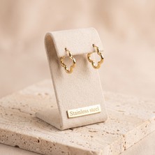 Stainless Steel Vıp Seri 316L Çelik Gold Renk Taşsız Yonca Motifli Halka Küpe 1,7 cm