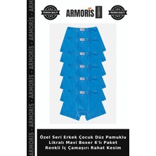 Armoris Özel Seri Erkek Çocuk Düz Pamuklu Likralı Mavi Boxer 6'lı Paket Renkli Iç Çamaşırı Rahat Kesim