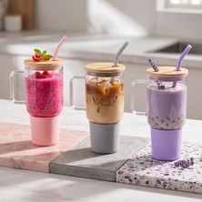Drop Tedarik 1000 ml Cam Matara Kupa Bardak - Bambu Kapaklı - Silikon Kılıflı - Çelik Pipetli