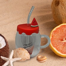 Drop Tedarik Karpuz Tasarımlı  Cam Kupa Bardak - 450 ml - Silikon Kapaklı - Pipetli