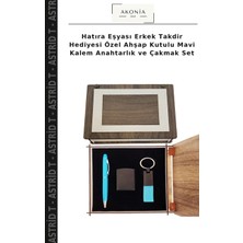 Hatıra Eşyası Erkek Takdir Hediyesi Özel Ahşap Kutulu Mavi Kalem Anahtarlık ve Çakmak Set