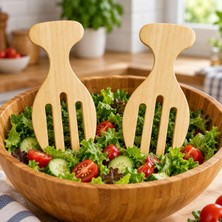 Tr Bambu Salata ve Yiyecek Karıştırıcı 2'li Set, Geniş Tutma Saplı Salata Servis Çatalı ve