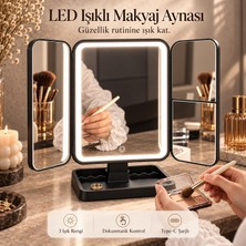 Tr LED Işıklı Makyaj Aynası 3 Renk Dokunmatik 2x Büyüteçli Type-C Şarjlı Katlanabilir Üç