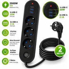 Tr ® Akım Korumalı 3'lü Priz 2 Metre, 2500W, 1 Usb-C 20W + 2 Usb-A 2.1A, Açma Kapama Anahtarlı
