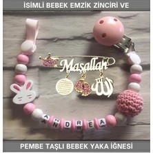 Tr Isimli Bebek Emzik Zinciri ve Pembe Taşlı Bebek Yaka Iğnesi, Unisex, Tek Ebat