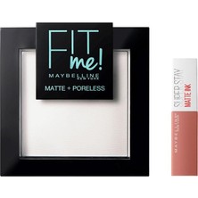 Happy Trend New York Fit Me Matte+Poreless Pudra 90 Translucent (Transparan) & Mini Super Stay Matte Ink Likit Mat Ruj 65 Seductress Makyaj Seti
