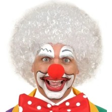 Magicool Psk Beyaz Renk Kıvırcık Afro Bonus Peruk Saç ve Kırmızı Sünger Burun Seti