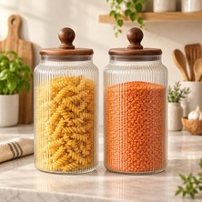 Tr 2'li 1700 ml Akasya Kapaklı Çizgili Cam Kavanoz Saklama Seti