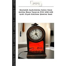 Nostaljik Aydınlatma Salon Süsü Antika Masa Tasarım Pilli USB LED Işıklı Siyah Eskitme Şömine Saat