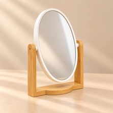 Tr Ahşap Ayaklı Oval Masa Aynası, 19,5 x 16,5 cm Orta Boy, Ayarlanabilir Açılı Beyaz Çerçeve