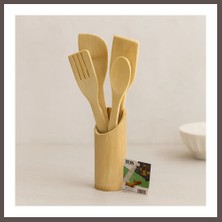 Bezos Ahşap Bambu Mutfak Servis Seti 5 Parça (Kaşık, Çatal, 2 Spatula, Stand) 27.5/30 cm ECO123