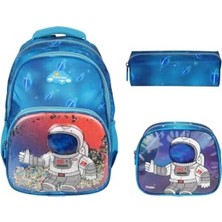Pratik Ev RLX-1370 Astronot Erkek Çocuk Kalemlikli Beslenme Çantalı Üçlü Set Desenli Ilk Okul Çantası Sırt Çantası Mavi