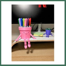 Bezos 3D Baskı Hareketli Gülen Kalemlik - Eklemli Masaüstü Organizer - Pembe Bss
