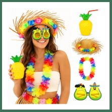 Bezos 4 Parça Hawaii Parti Seti Ananas Bardak Hasır Şapka Avokado Gözlük Çiçek Kolye Bss