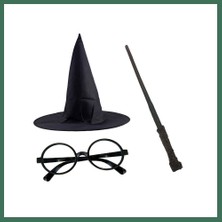 Bezos Harry Potter Siyah Şapkası Harry Potter Gözlüğü Harry Potter Asası 3 Lü Set Bss