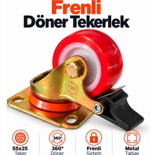 Badem10 Frenli Döner Tablalı Tekerlek 55X25 mm Kırmızı 360 Derece Metal Tablalı Mobilya Servis Arabası Taşıma Tekeri