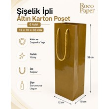 Şişelik Ipli Altın Karton Poşet, 6 Adet - 12X10X38 Cm, Kalın Yapılı Premium Hediyelik Taşıma Çantası