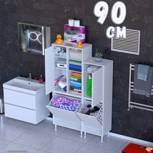 modilayn Ohbe 90 cm Genişlik 160 cm Boy 2 Kirli Sepet ve 2 Kapak Çok Amaçlı Banyo Dolabı