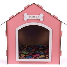 Rafta Mdf Ahşap Dekoratif Kedi ve Köpek Evi, Pembe Renkli Minderli