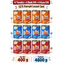 Enjoy 12’li Karışık Lezzet Kedi Konserve Mama Seti – 4 Tavuklu + 4 Somonlu (Balık Etli) + 4 Kuzu Etli – 400 G x 12 Adet