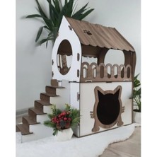 Rafta Ahşap Iki Katlı Kedi Evi, Teraslı Lüks Tasarım, Beyaz-Ceviz